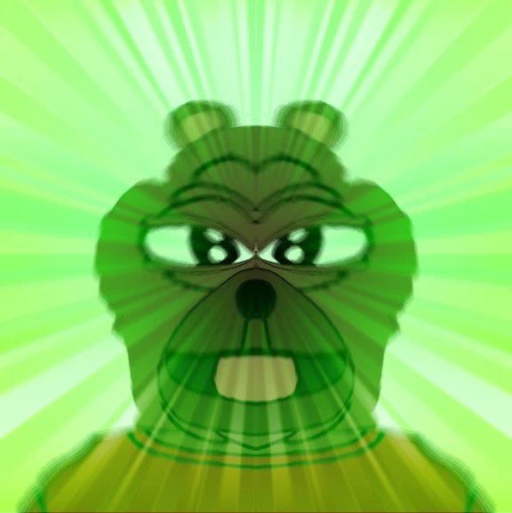 Stylized green bear illustration with glasses, set against a radiating green sunburst background.