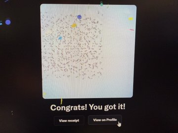 A screen capture displaying a pixelated artwork with the text 'Congrats! You got it!' along with 'View receipt' and 'View on Pro' buttons.