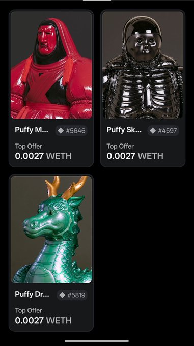 Three NFT collectibles from the "Puffy" series displayed with their top offers priced at 0.0027 WETH.