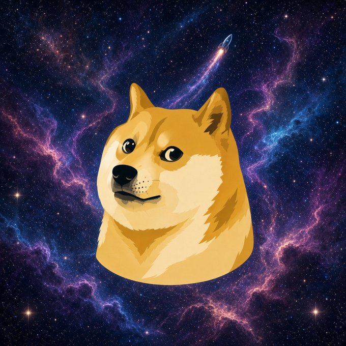 A stylized illustration of a Shiba Inu dog appears against a colorful star-filled space background with a small comet overhead.
