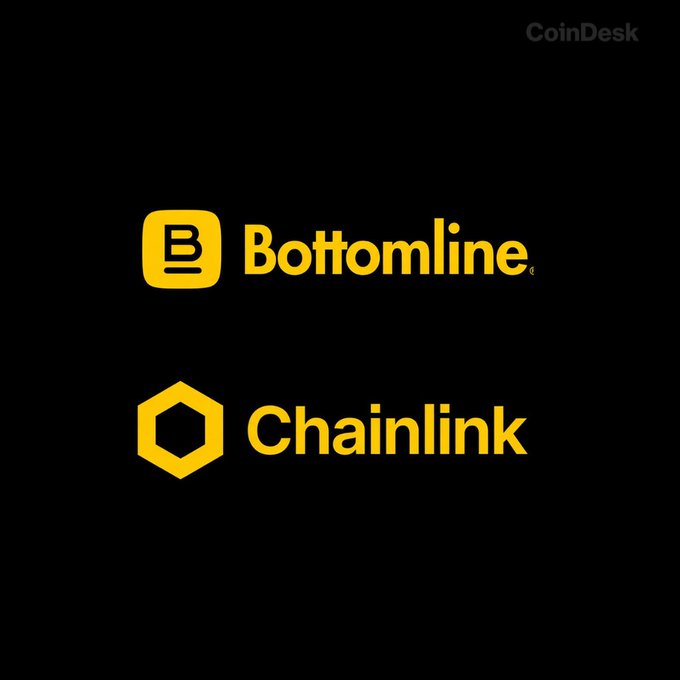 The image displays the logos of Bottomline and Chainlink side by side in yellow on a black background, with "CoinDesk" watermarked in the top right corner. This visually represents the new partnership announcement, highlighting the two companies joining forces to enable cross-chain payments for Bottomline's extensive network of 600+ bank clients using Chainlink's CCIP and CRE technology.