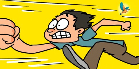 The image features a cartoon character, possibly a boy or a man, running with his fist raised high as if he's chasing something. In the background, there is a bird flying towards him. The caption of the image reads "chasing brevis yield". This phrase suggests that the character should stop and give way to the bird, which could be interpreted as an action or instruction in the cartoon.