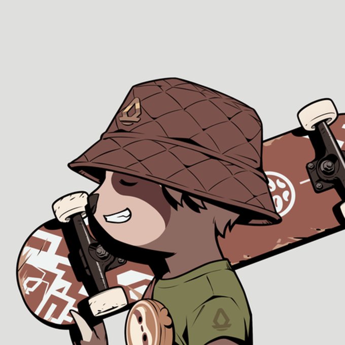A chibi-style cartoon character wearing a brown bucket hat, carrying a skateboard on their shoulder, with their eyes closed in a cheerful expression.