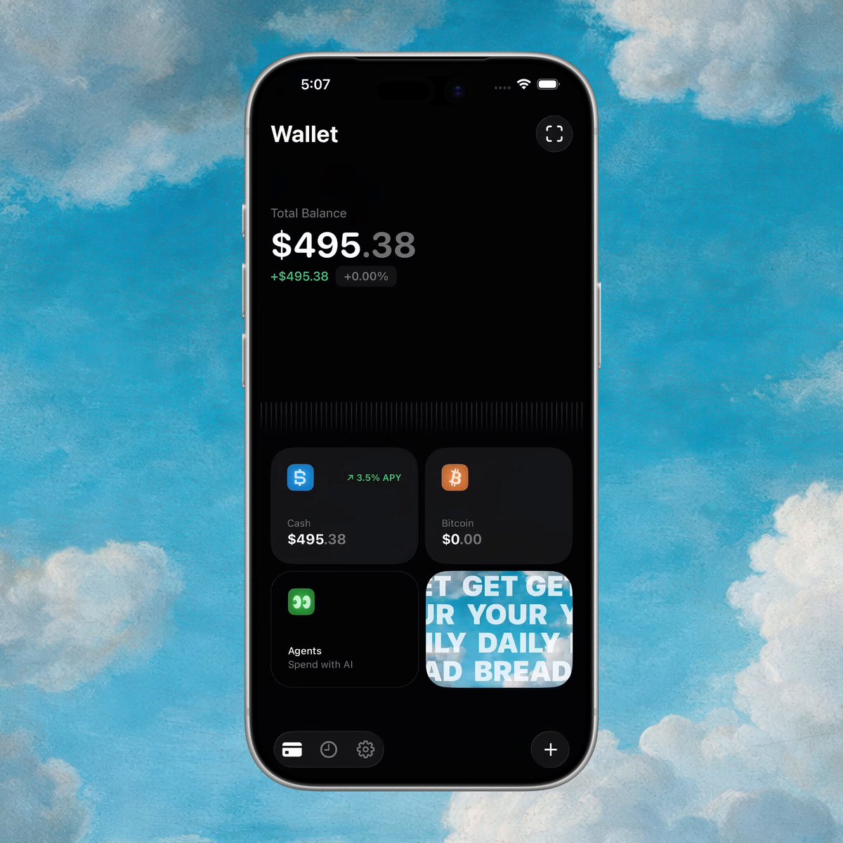 The image shows a cell phone screen displaying the top of the iPhone's wallet app, which has an advertisement for Bitcoin Cash displayed against a blue sky with clouds. The text "Don't enter your address into a Bitcoin Cash" is present on the display. This ad promotes using Bitcoin Cash as a payment method instead of a traditional bank or credit card, suggesting that people should consider alternative digital payment methods and be cautious about where they store their money.