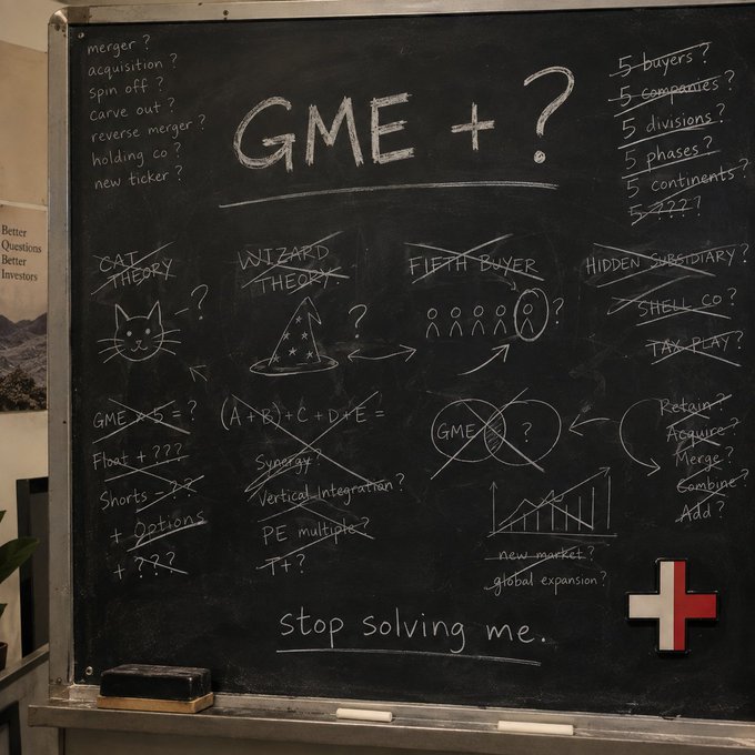 A blackboard covered in chalk writing related to GME stock theories, featuring the text 'GME + ?', diagrams labeled 'CAT THEORY', 'WIZARD THEORY', and 'FIFTH BUYER', and the phrase 'stop solving me.'