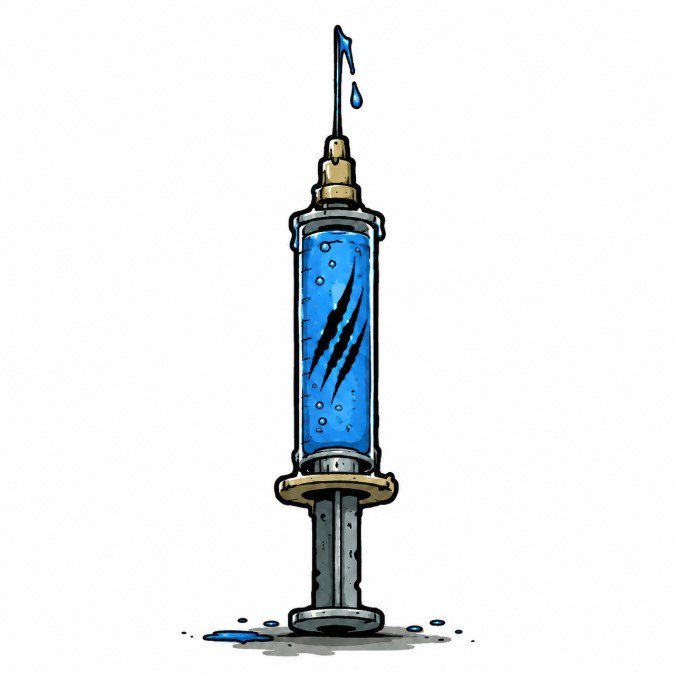 A stylized illustration shows a syringe filled with blue liquid, with claw-mark scratches visible on the barrel and a drop of blue falling from the needle—fittingly representing a giveaway for HantaRats, likely themed around rats and their connection to poison or injected substances.