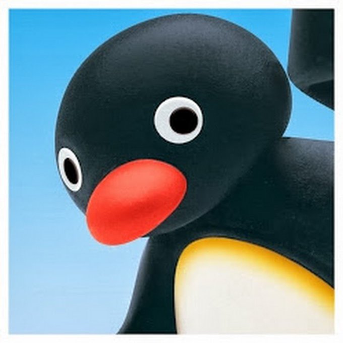 A close-up of Pingu, the iconic claymation penguin with a bright red beak and wide eyes, set against a blue background. The playful character mirrors the cheerful "gm" (good morning) greeting to @coinmun, fitting the lighthearted, community vibe of the post.