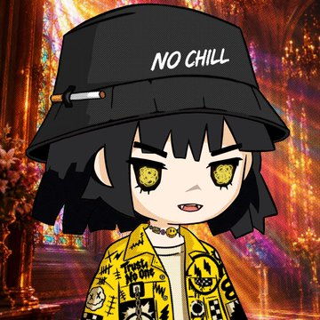 A cartoon-style avatar of a chibi character with black hair, yellow eyes, and a black bucket hat reading "NO CHILL," wearing a yellow graphic jacket against a colorful cathedral background. The image serves as a giveaway promotional post for the @hizuminft NFT collection, with the character representing the project brand.