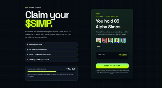 A digital interface shows 'Claim your $SIMP' for Rabbithood NFT holders, displaying 'You hold 85 Alpha Simps' with a 'CLAIM 85 IN $CSIMP' button and 480/800 holders allocated.