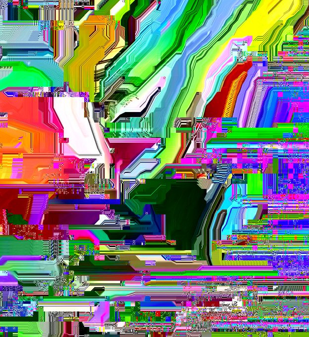 An abstract digital artwork characterized by vibrant, glitch-like horizontal and vertical bands of neon colors including green, pink, yellow, and blue.