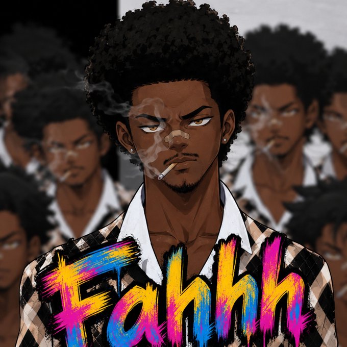 An anime-style illustration depicts a young man with an afro smoking a cigarette, wearing a plaid shirt, with the word 'Fa$$hh' written in colorful, graffiti-like text across the front.