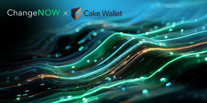 This is a banner ad for Cake Wallet that shows an image of wavy lines and light blue/green colors arranged like the waves of the ocean or sea foam, with some white lines scattered around these shapes. The text reads "ChangeNOW X @CakeWallet", which indicates that the company is promoting a new cryptocurrency exchange called "Cake Wallet". The post mentions that Cake Wallet has reached 15k users and is native to multiple asset classes but does not provide details on how it works or its advantages over existing exchanges.