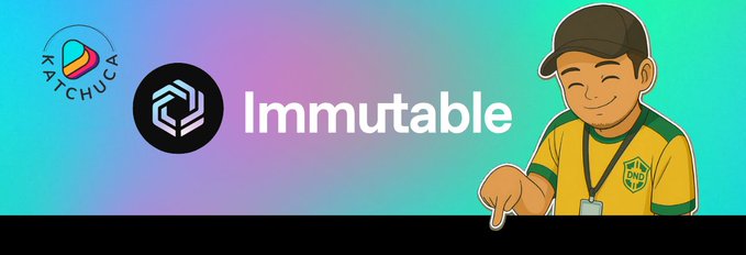 The image features a cartoon character wearing a yellow shirt, sitting at a desk with a pencil in his hand. The background of the image has a gradient color scheme that transitions from blue to purple. Below this scene, there are two logos - one for the game @Olderfall and another for the game Immutable Play. These logos suggest that the image is related to a gaming event or convention where players can participate in games like @Olderfall and @Immutable Play.