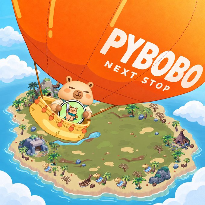 A colorful illustration shows a yellow character sailing in an orange hot-air balloon labeled “PYBOBO” and “NEXT STOP” above a small tropical island.