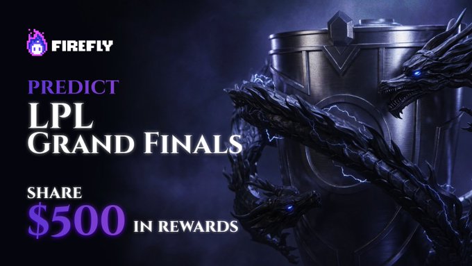 A promotional graphic for 'FIREFLY' featuring the text 'PREDICT LPL GRAND FINALS' and 'SHARE $500 IN REWARDS', alongside an image of dark dragons wrapped around a championship trophy.