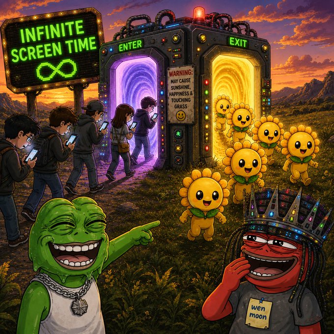 A vibrant, meme-style digital illustration showing people walking into a glowing purple portal marked 'ENTER' beneath an 'INFINITE SCREEN TIME' sign, while smiling sunflower-like creatures exit through a yellow 'EXIT' portal, with cartoon frogs in the foreground.