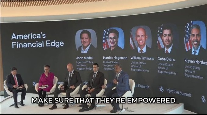 A panel discussion titled 'America's Financial Edge' featuring speakers John Medel (Injective Policy Institute), Harriet Hageman, William Timmons, Gabe Evans, and Steven Horsford from the US House of Representatives, with subtitles reading 'MAKE SURE THAT THEY'RE EMPOWERED'.