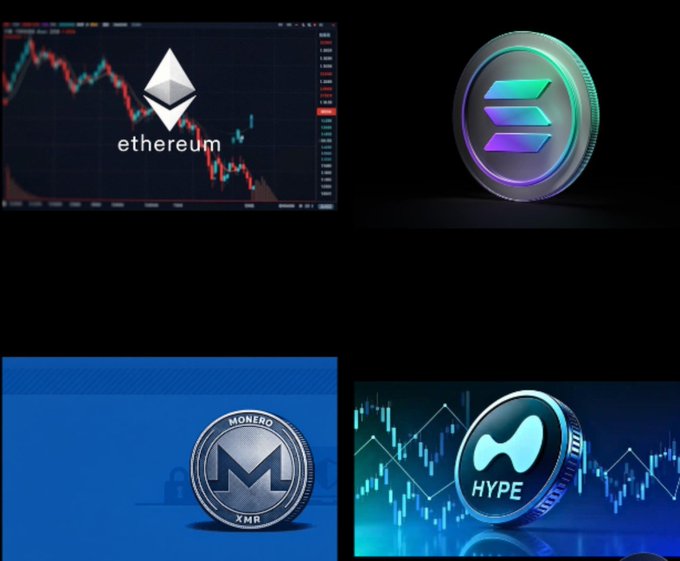 A collage displays cryptocurrency logos including Ethereum (ETH), Solana, Monero (XMR), and a token labeled "HYPE", with Ethereum and HYPE set against background price charts.