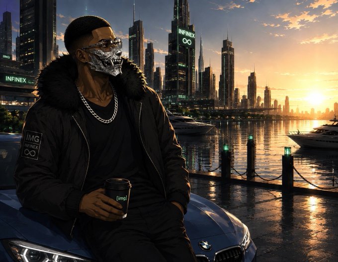 A digital illustration of a man wearing a metallic skull mask and a fur-lined jacket with 'INFINEX' branding, holding a coffee cup while leaning against a BMW with a futuristic city skyline and marina at sunset in the background.
