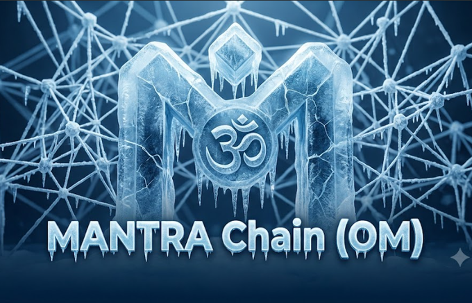 A promotional graphic for 'MANTRA Chain (OM)' featuring an ice-textured 'M' logo with an Om symbol on a web-patterned blue background.
