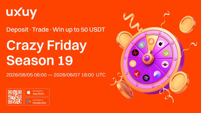 The image features a poster for a casino game named "CRAZY FRIDAY". The game appears to be a variation of the classic roulette wheel, where instead of numbers or colored balls representing different positions, the wheel spins around a purple center, and players can deposit coins into it as they spin. The poster advertises the casino game's prizes: Deposit up to 50 USD and win up to 500 USDT, Prize: Spin for up to 50 USD, and Trade Perps: Deposit and trade perps for 50 USD with each spin. It also highlights a daily bonus opportunity of 500 USDC, where players can spin for 500 units and receive an additional 500 units in their account as a daily bonus if they have been trading for at least five days without a loss.