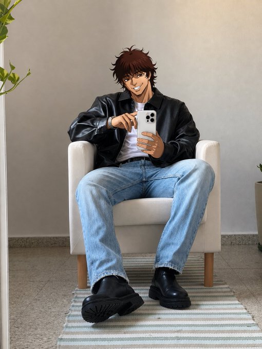 An illustration of an anime-style young man sitting in a white chair, wearing a black leather jacket and jeans, holding a smartphone to take a mirror selfie.