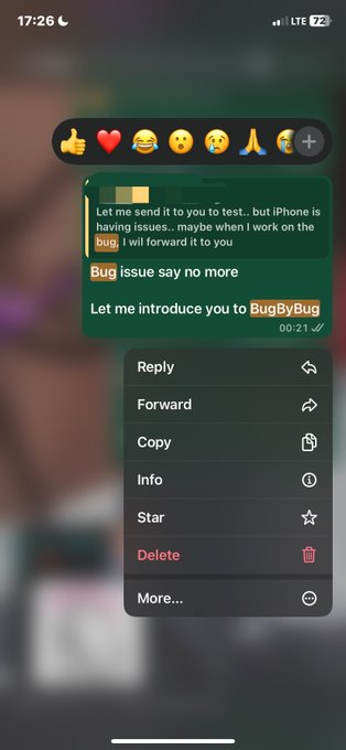 An iPhone messaging screen displaying a WhatsApp chat with message options (Reply, Forward, Copy, Info, Star, Delete, More) open, featuring text about testing with 'BugByBug' and a mention of forwarding messages.