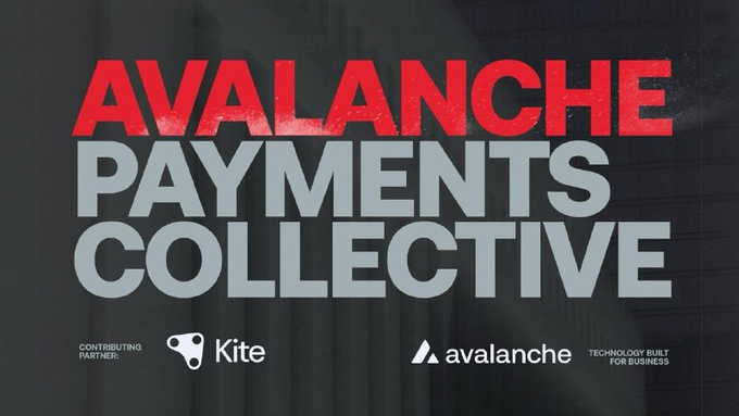 The image is a promotional graphic announcing the "Avalanche Payments Collective," featuring the Avalanche logo with the tagline "Technology Built for Business" and Kite as a labeled Contributing Partner on a dark textured background. The bold red and white text directly reinforces the post's announcement of joining the Collective as a Contributing Partner, visually tying the partnership announcement to the official initiative branding.