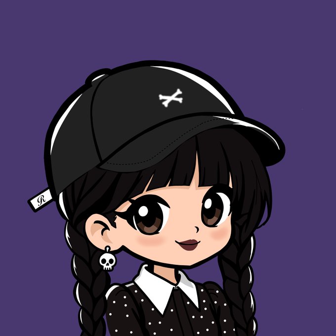 A chibi-style cartoon illustration of a girl with dark braided hair wearing a black cap with crossed-bones logo, a skull earring, and a black polka-dot shirt against a purple background.