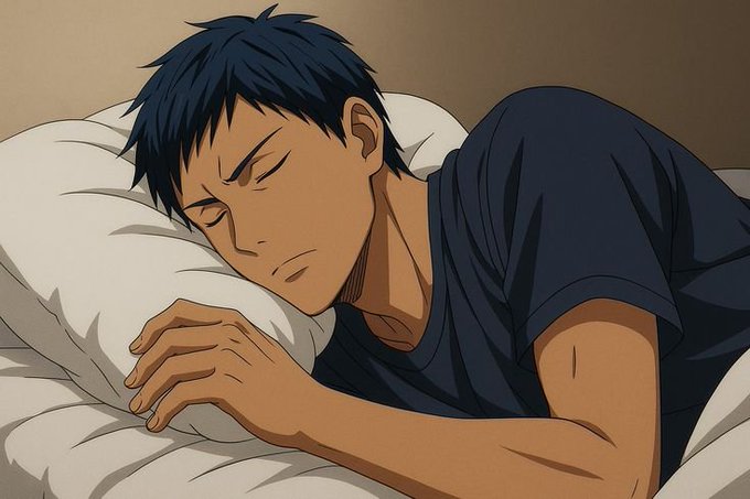 An anime-style illustration of a man with dark blue hair sleeping peacefully on a white pillow, wearing a dark blue t-shirt.