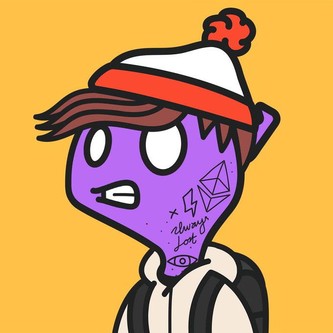 A stylized cartoon of a purple-skinned character wearing a beanie, featuring tattoos of an eye, lightning bolt, and crystal on their face with the text 'always lost' on their cheek.