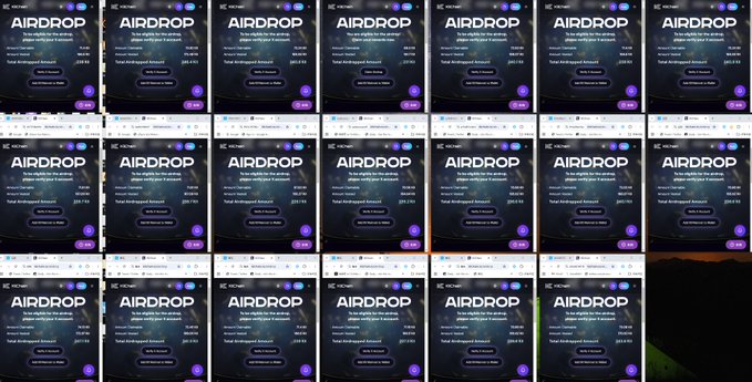 A collage of multiple screenshots showing the "KiiChain" airdrop claim page, displaying various "Total Airdropped Amount" values ranging from approximately 209.62 to 224.12, correlating with the user's post about claiming @KiiChainio airdrops at kiichain.io/airdrop despite finding it not worthwhile due to Twitter binding requirements.