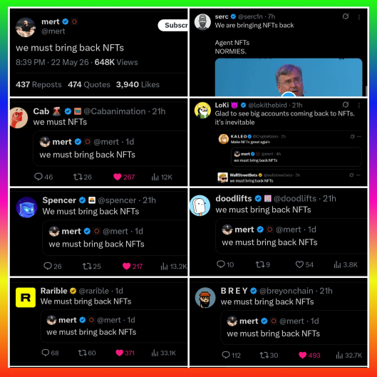 A collage of six Twitter feeds, each with a unique color scheme and content, including a quote about the importance of bringing back NFTs.