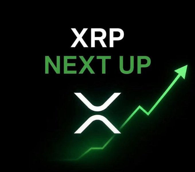 A graphic promoting XRP cryptocurrency with the text "XRP NEXT UP" alongside a rising green arrow and the XRP logo on a black background.