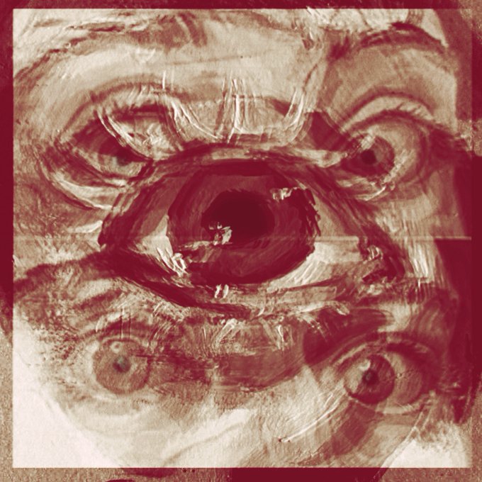 A reddish-toned, abstract painting showing what appears to be an eye or portal surrounded by other eye-like shapes, rendered with broad, expressive brushstrokes.