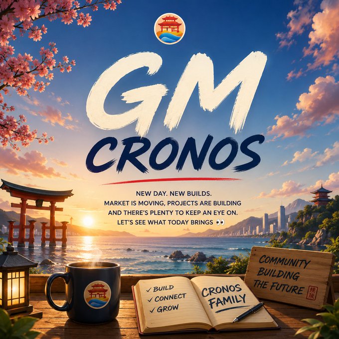 A promotional graphic for 'GM CRONOS' featuring a scenic Japanese coastal landscape with cherry blossoms, a torii gate, and text reading 'NEW DAY. NEW BUILDS. MARKET IS MOVING, PROJECTS ARE BUILDING AND THERE'S PLENTY TO KEEP AN EYE ON. LET'S SEE WHAT TODAY BRINGS'.