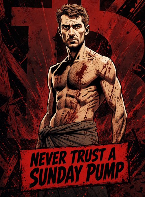 This image depicts a blood-splattered, muscular man in front of a red Bitcoin ($BTC) symbol, with a banner reading "NEVER TRUST A SUNDAY PUMP." The visual implies that Mr. Rick Lennon's agreement with the sentiment highlights a struggle or pain associated with speculative market movements in Bitcoin.