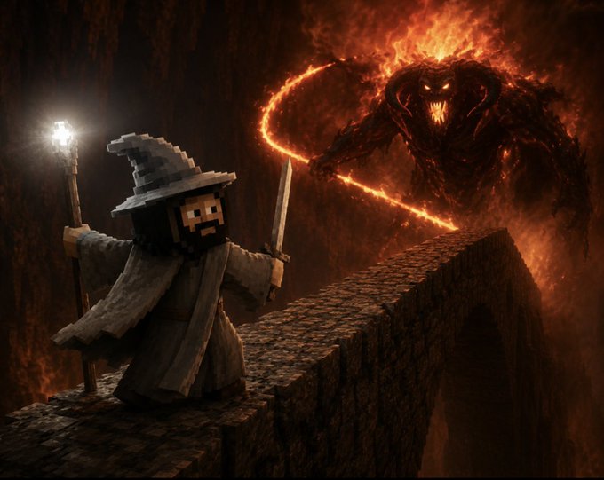 A Lego Gandalf figure brandishing a glowing staff and sword stands on a stone bridge confronting a fiery Balrog demon, recreating the iconic "You shall not pass!" scene from The Lord of the Rings.