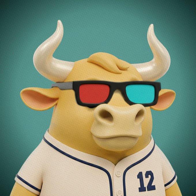 A 3D-rendered illustration of a bull wearing red-and-blue 3D glasses and a baseball jersey with the number 12.