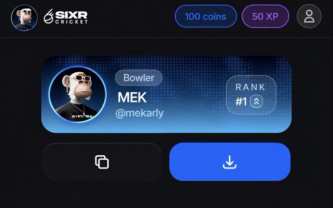 A SIXR Cricket gaming profile shows player "MEK" (@mekarly) with the "Bowler" role at Rank #1, displaying 100 coins and 50 XP, alongside options to copy or download the profile—tying into the post's announcement of the Power Play $1,000,000 $SIXR prize pool leaderboard competition.