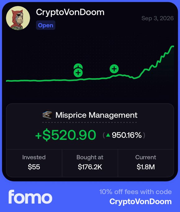 This image shows a trading chart for "CryptoVonDoom" with a "Misprice Management" status, indicating a significant profit from an initial investment of $55 to a current value of $1.8M. The post's mention of "fomo" relates to the FOMO trading platform shown at the bottom, which offers a discount code "CryptoVonDoom".
