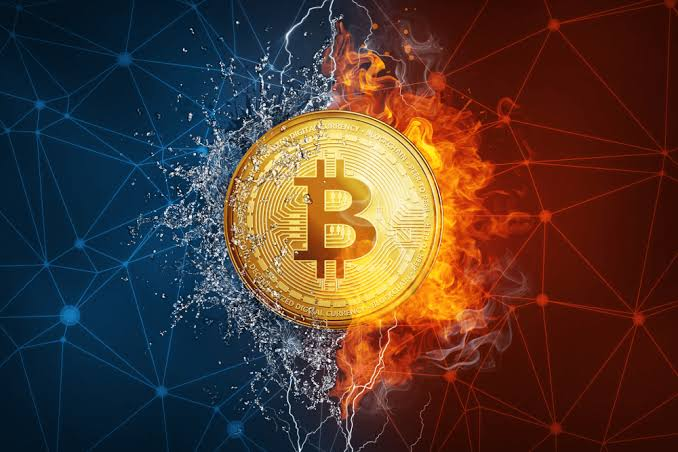 A stylized Bitcoin coin illustration split between blue water splashes on the left and orange flames on the right, set against a dark network mesh background.