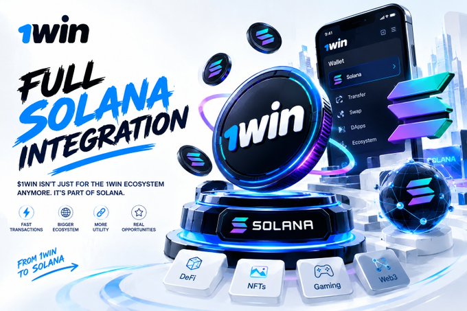 A promotional graphic for 1win advertising 'FULL SOLANA INTEGRATION,' featuring the 1win and Solana logos, a smartphone interface showing wallet features like Transfer, Swap, and DApps, and icons highlighting benefits such as Fast Transactions, Bigger Ecosystem, More Utility, and Real Opportunities across DeFi, NFTs, Gaming, and Web3.