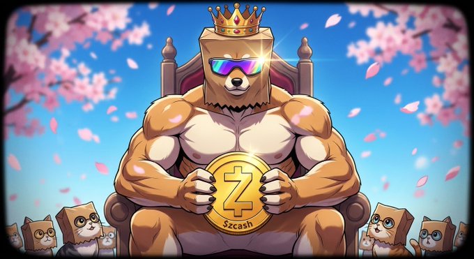 A cartoon illustration of a muscular bear wearing a crown and sunglasses, sitting on a throne surrounded by smaller doge characters, holding a gold Zcash (ZEC) coin.