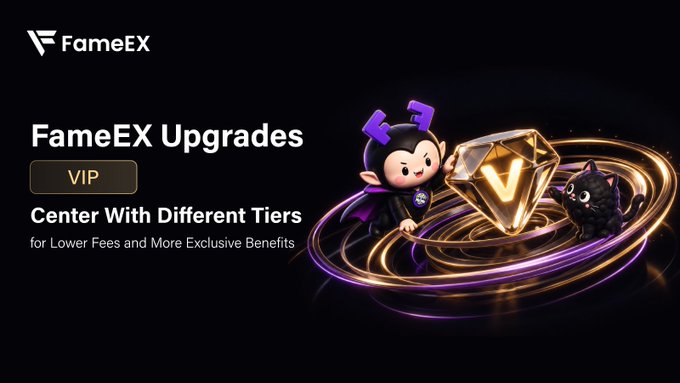 A promotional advertisement for FameEX showing 'FameEX Upgrades' with 'VIP Center With Different Tiers for Lower Fees and More Exclusive Benefits,' featuring a cartoon mascot holding a golden diamond.