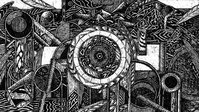 A black and white intricate illustration featuring abstract geometric shapes, circular forms, and feather-like patterns in a highly detailed etching style.