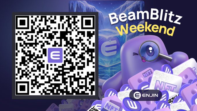 This image promotes "BeamBlitz Weekend" by Enjin, featuring a QR code and the text "BeamBlitz Weekend" to claim free NFTs. The image directly corresponds to the post's announcement of the live event and the opportunity to claim frozen ENJ NFTs.