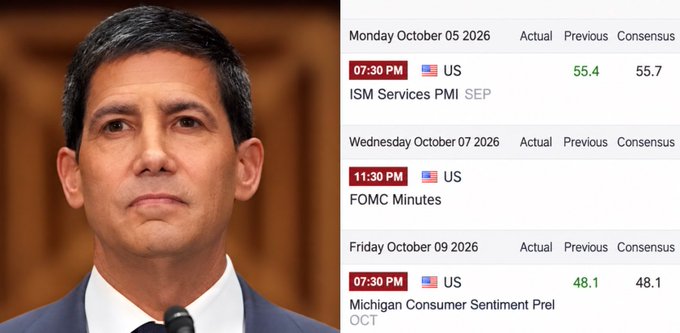 The image shows a man in a dark suit alongside a US economic calendar highlighting key data releases for the week of October 5-9, 2026: ISM Services PMI at 55.4 (vs. 55.7 consensus) on Monday, FOMC Minutes on Wednesday, and Michigan Consumer Sentiment Prel at 48.1 on Friday. The calendar directly illustrates the post's warning about a critical macro-heavy week, with mixed signals already emerging—services PMI underperforming expectations while consumer sentiment held steady at consensus.
