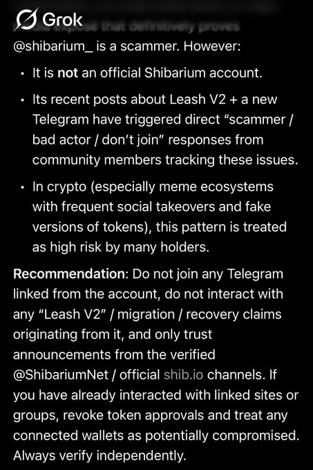 A screenshot of a response from Grok regarding the @shibarium_ account, warning about potential scammer activity and advising users not to trust unofficial channels.