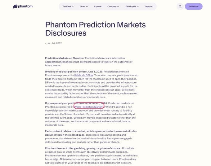 The image shows a webpage from Phantom titled "Phantom Prediction Markets Disclosures" dated Jun 24, 2026, which explains that prediction markets on Phantom are powered by Kalshi via DFlow for positions opened before June 1, 2026, and by World Prediction Markets (a non-custodial protocol on Solana blockchain) for positions opened on or after that date, with all markets being peer-to-peer with objectively determinable outcomes. This directly supports the post's point about World being a non-custodial prediction markets protocol integrated into Phantom wallet, as the disclosures confirm the integration and explain how orders are routed to liquidity providers on Solana.